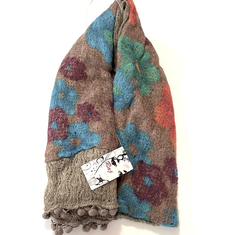 Raj Pom Pom Floral Knit Scarf Two Tone Brown Multi Bright Flowers Crochet India
